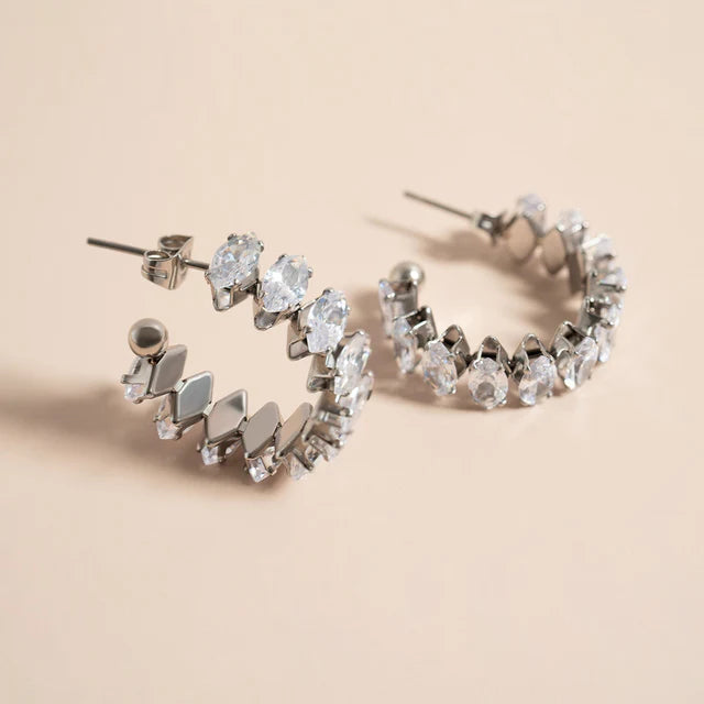 Silver Marquis CZ Stone Hoop Earrings