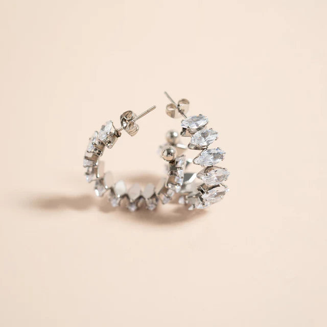 Silver Marquis CZ Stone Hoop Earrings
