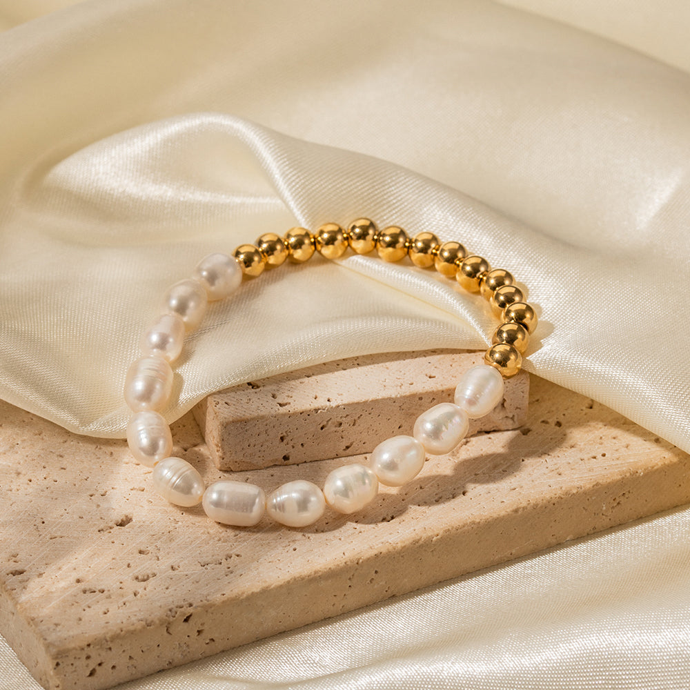 Freshwater Pearl Gold Bead Stretch Bracelet