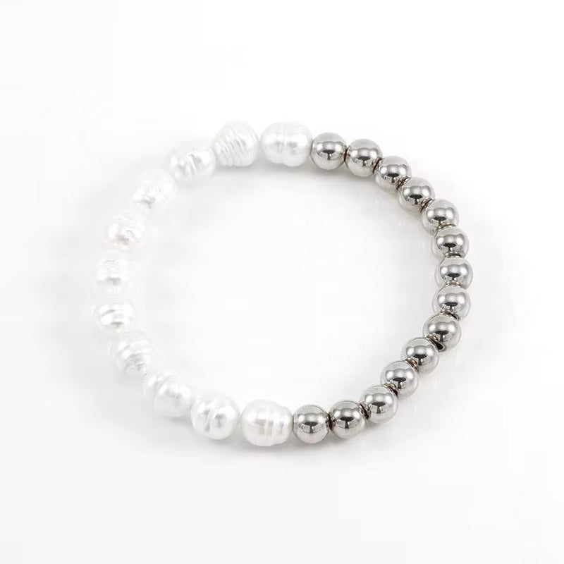 The Freshwater Pearl Silver Bead Stretch Bracelet